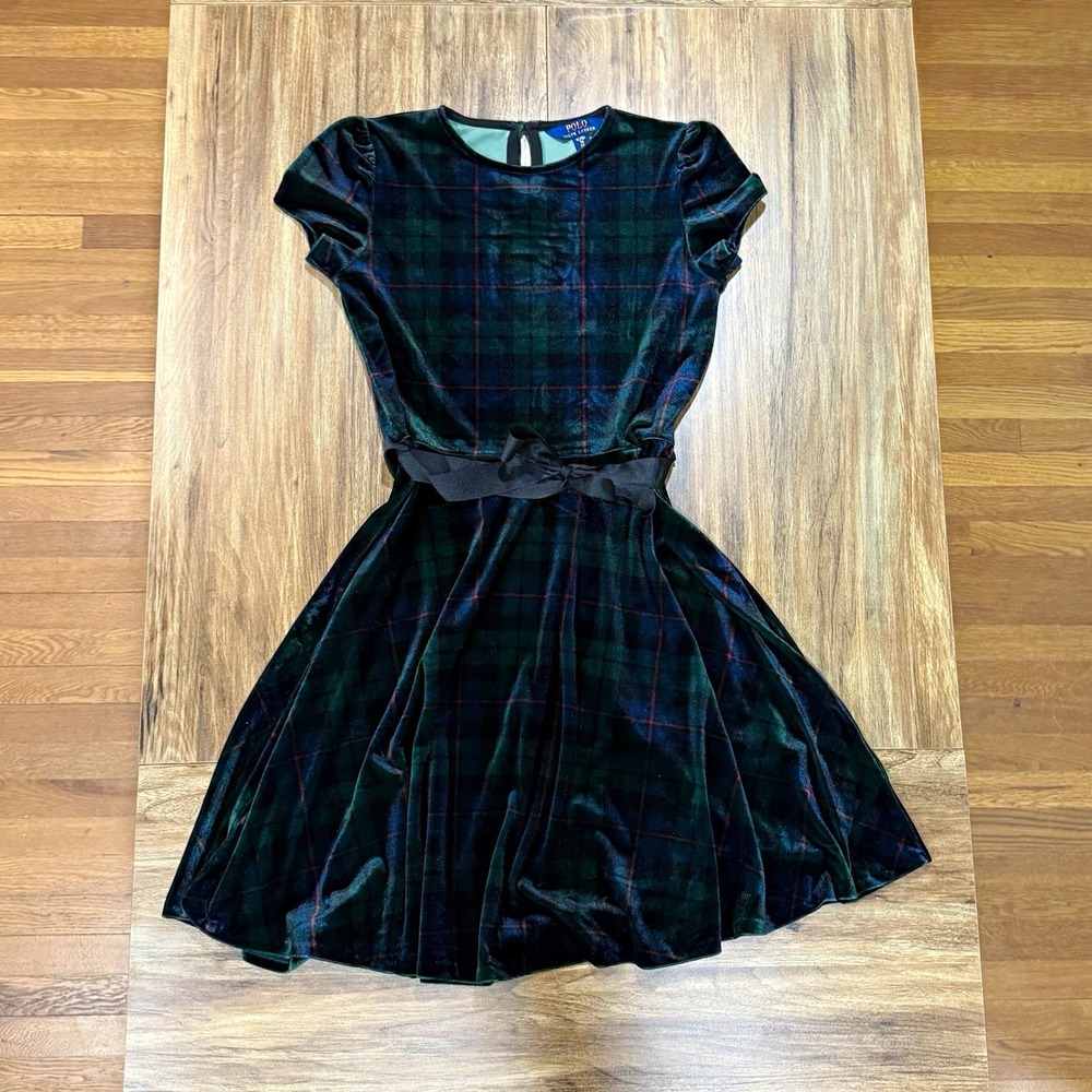 Polo Ralph Lauren Green Plaid Velour Velvet Holiday Dress Sz XL 16